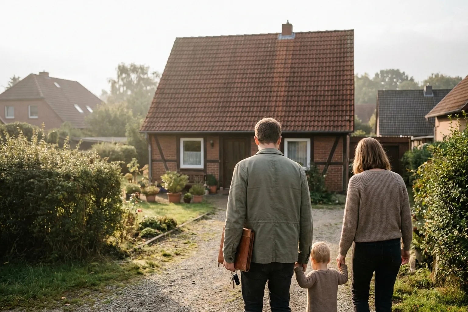 Familie auf dem Weg zu ihrem neuen Zuhause — Immobilie kaufen