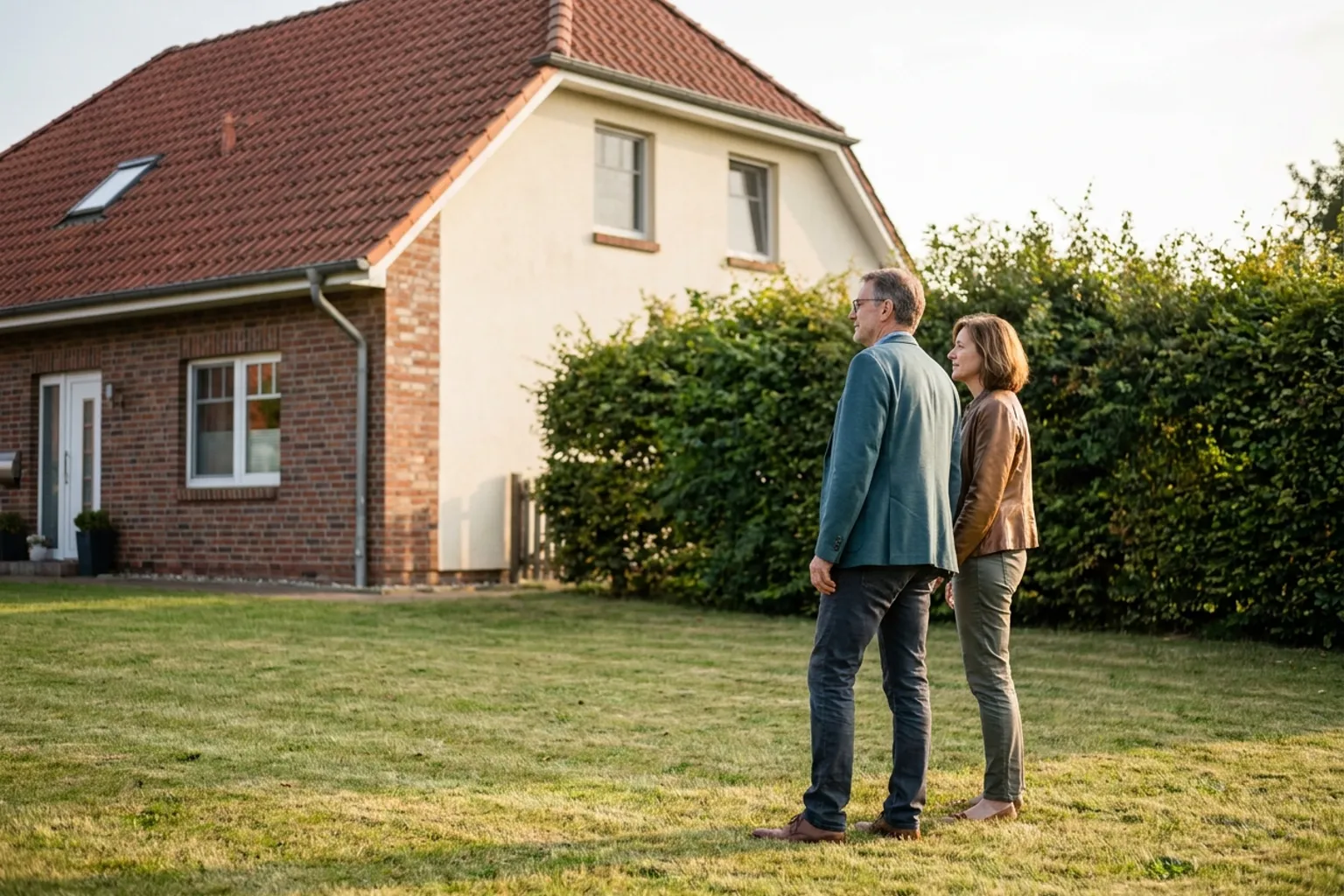 Eigentümerpaar im Garten vor dem eigenen Einfamilienhaus — Immobilie verkaufen