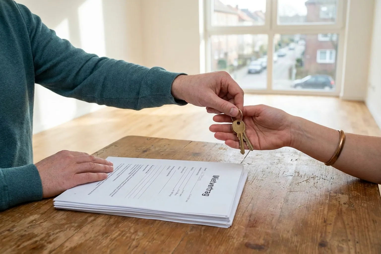 Vertragsunterzeichnung und Schlüsselübergabe in einer leeren Wohnung — Vermietung