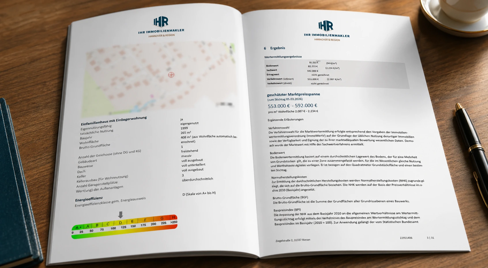 Schriftliche Markteinschätzung mit Verkaufspreis-Empfehlung in einer Mappe