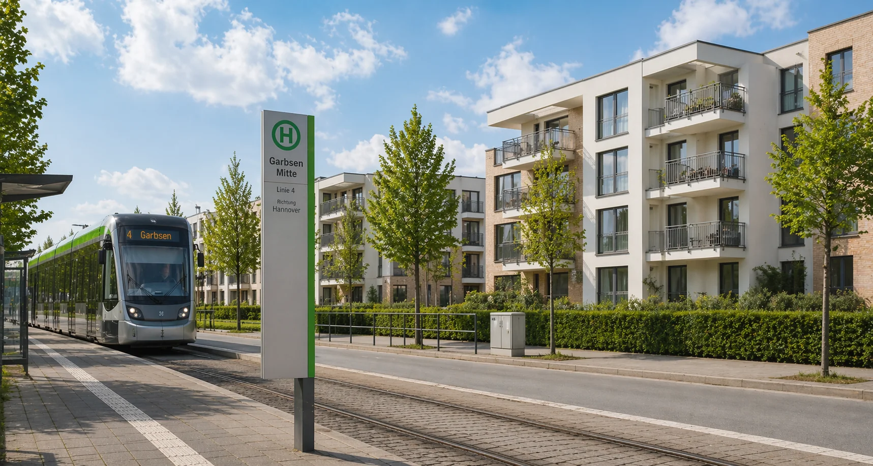 Stadtbahn-Haltestelle Garbsen-Mitte mit modernen Wohngeb&auml;uden als Standortvorteil f&uuml;r Vermietung