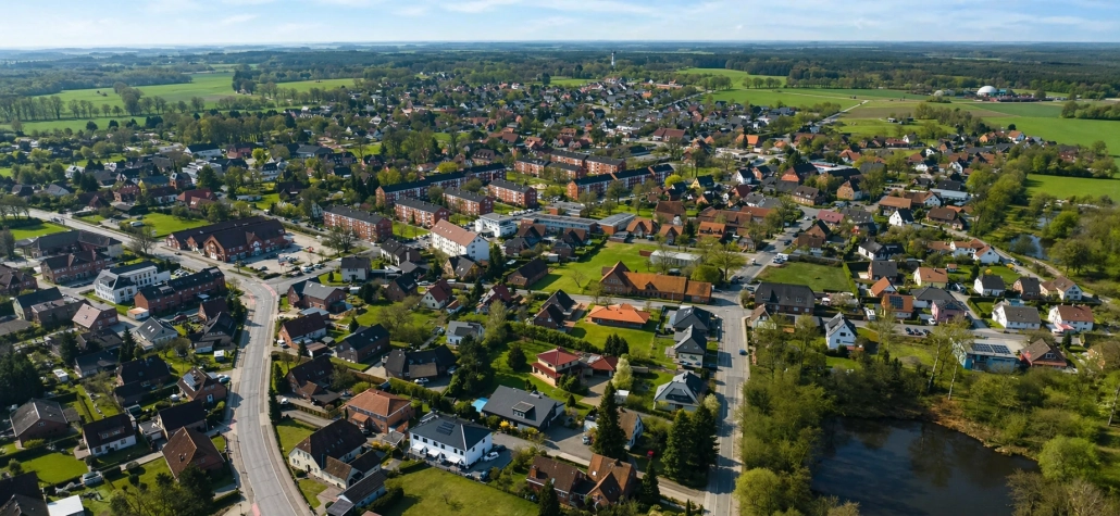 Luftbild einer Wohnlage in der Wedemark mit Einfamilienh&auml;usern und gr&uuml;nem Umfeld