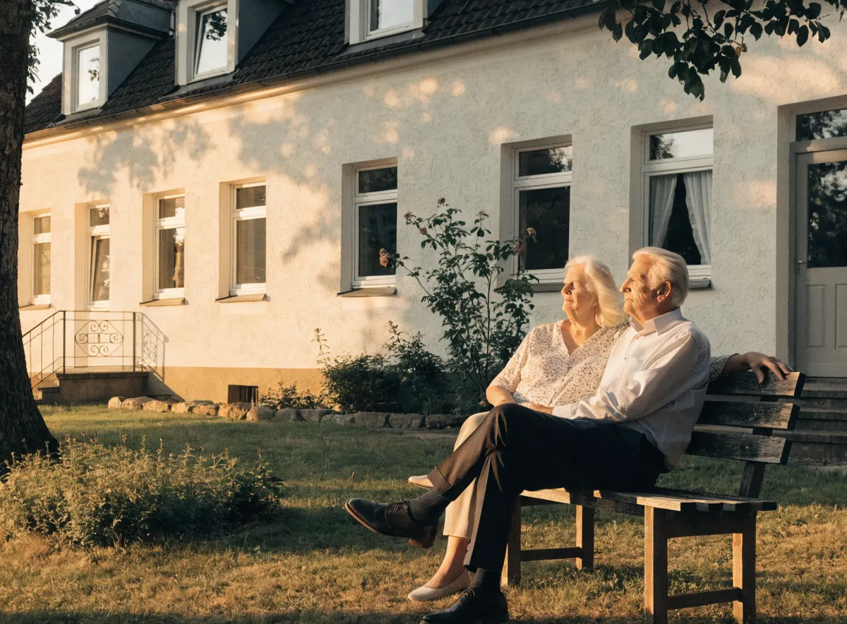Seniorenpaar auf der Gartenbank vor dem eigenen Haus