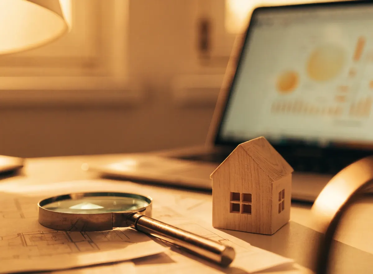 Immobilienbewertung: Modellhaus, Lupe und Grundrisse auf dem Schreibtisch