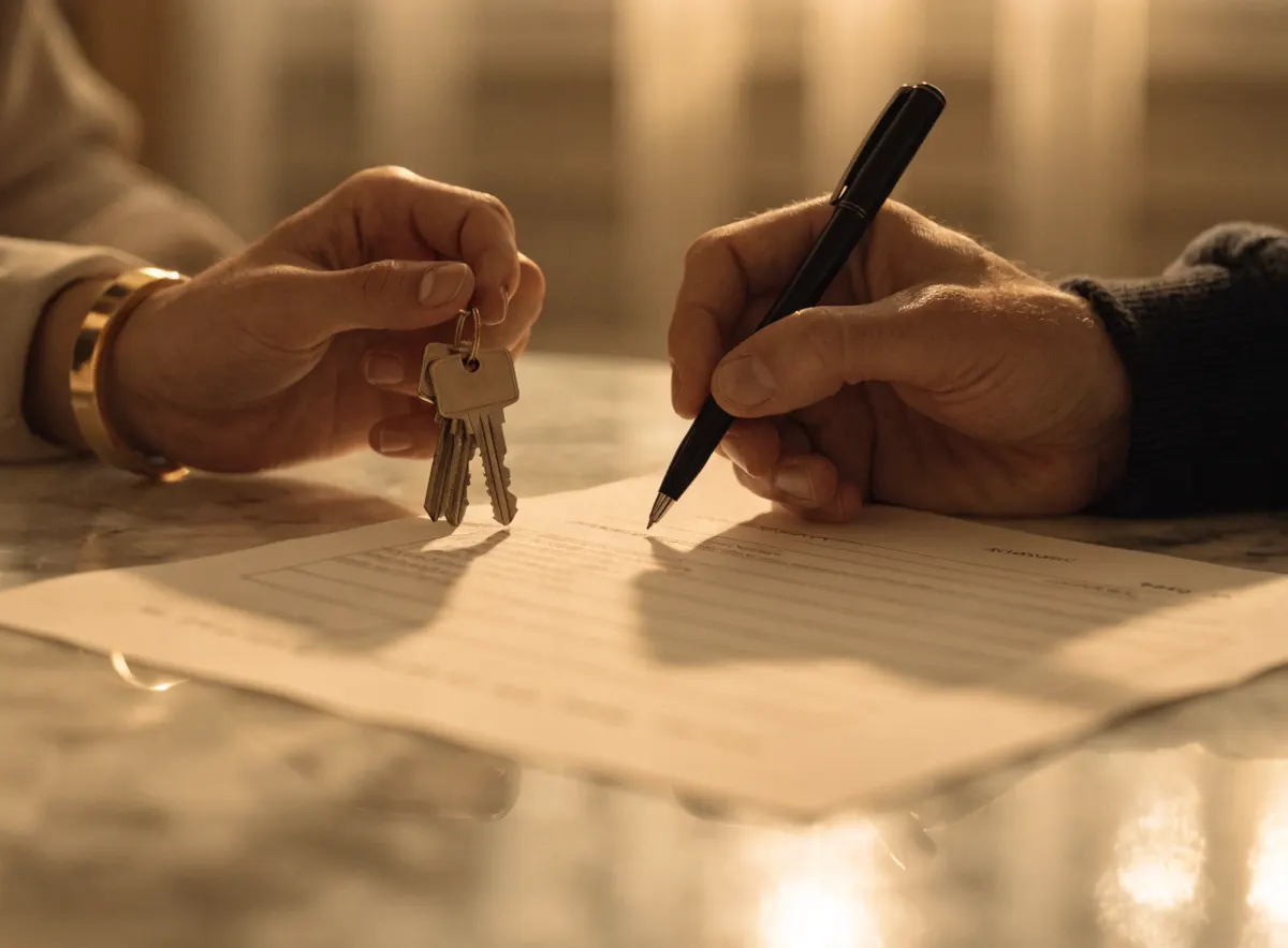 Mietvertrag mit Stift und Wohnungsschlüsseln