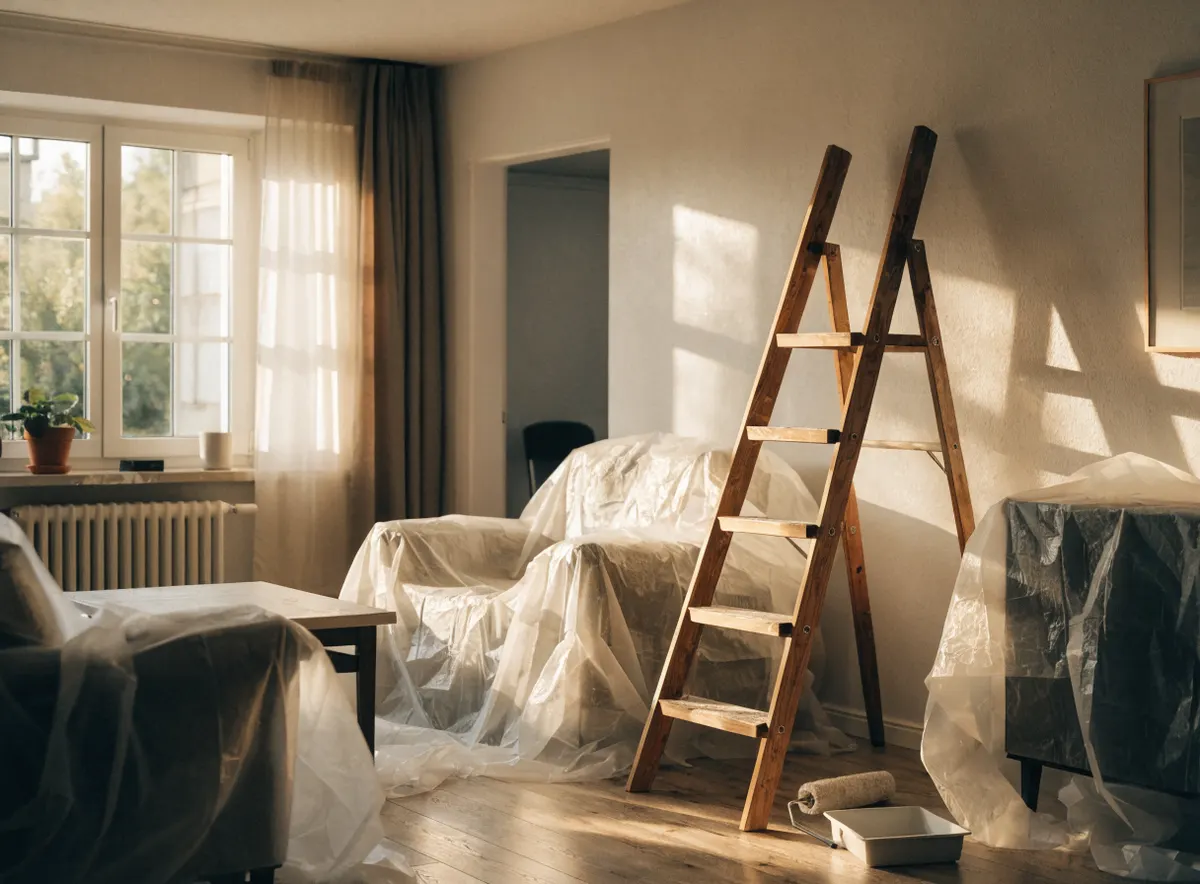 Frisch renovierter Wohnraum mit Leiter und Malerutensilien