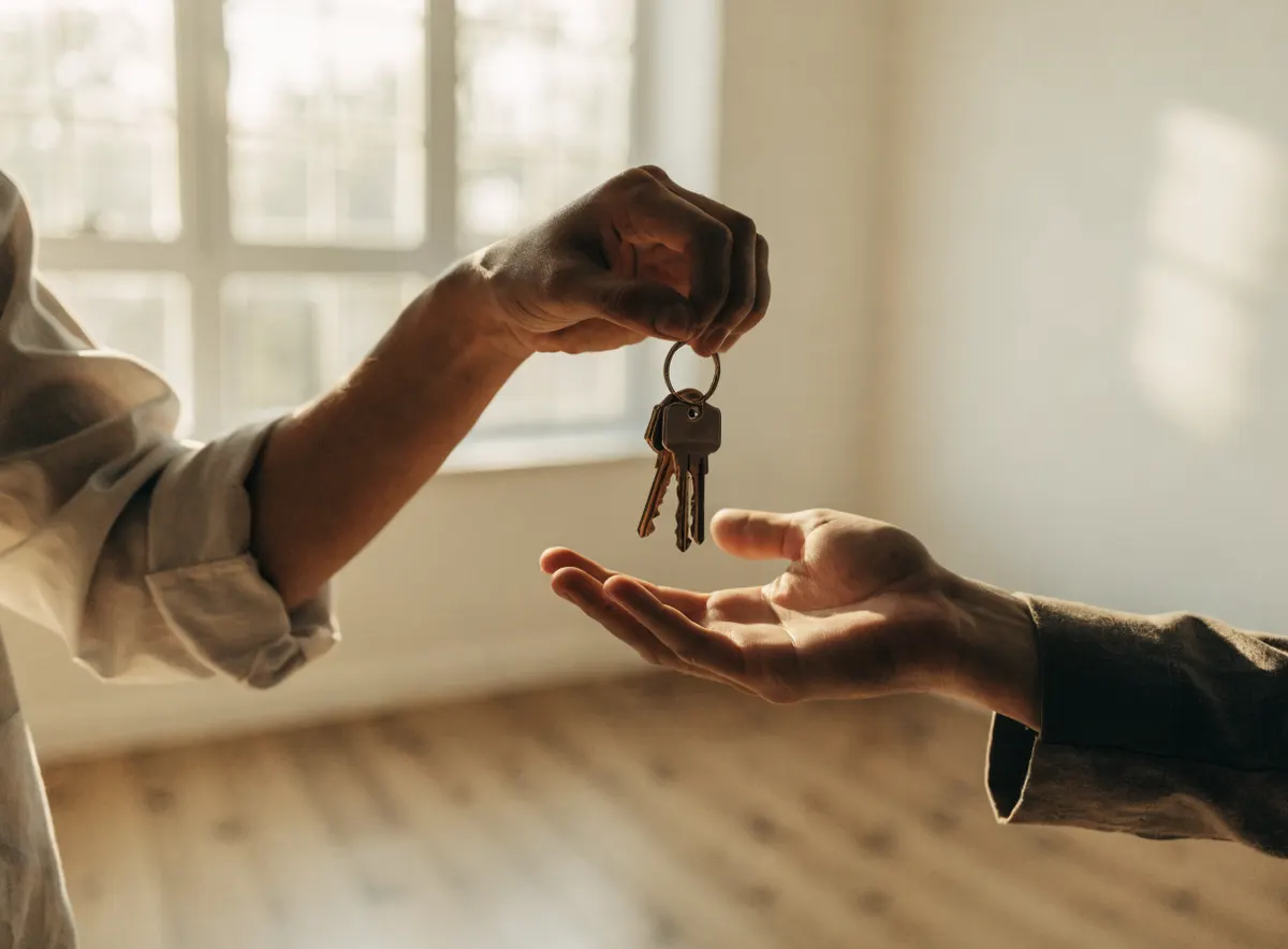 Schlüsselübergabe an neue Mieter in leerer Wohnung
