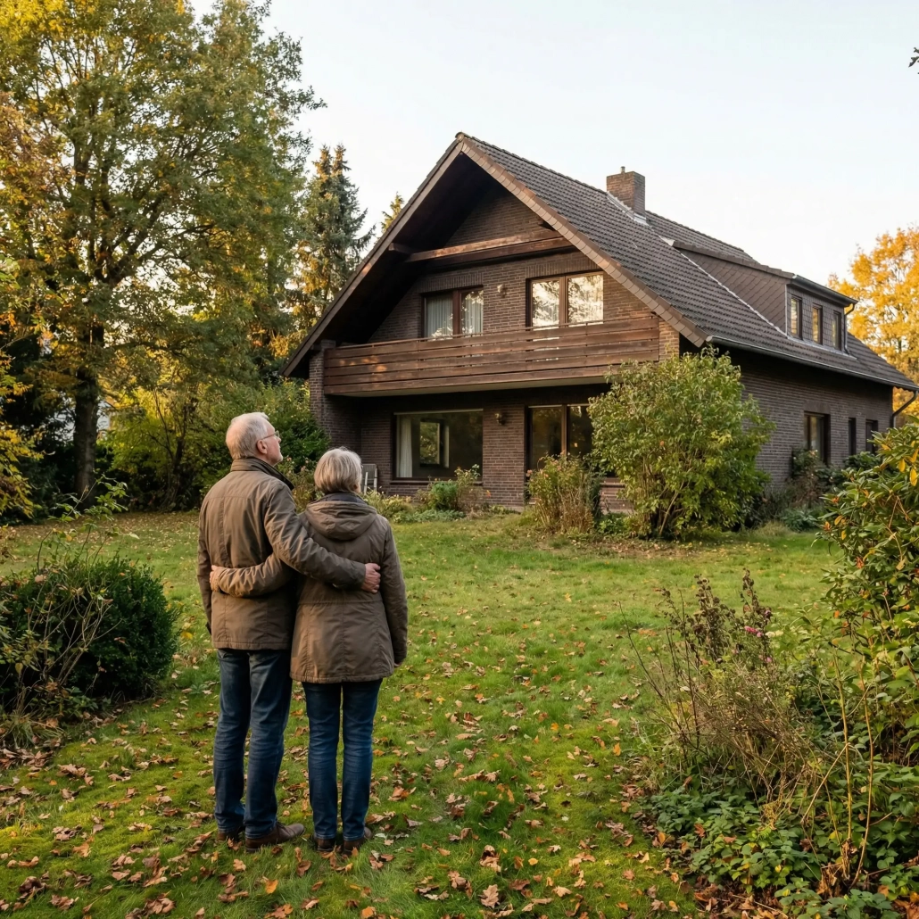Älteres Ehepaar vor ihrem Einfamilienhaus – Immobilie im Alter