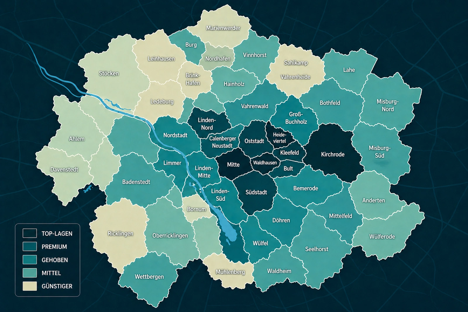Heatmap Mietniveau Hannover — 51 Stadtteile in fünf Cluster-Stufen von Top-Lagen bis Günstiger